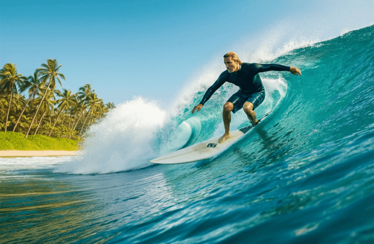 A surfer enjoying a session of Koh Phangan beach surfing on a sunny day