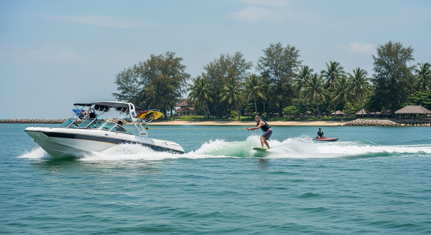 Wakesurf rental rider surfing on waves created by the boat