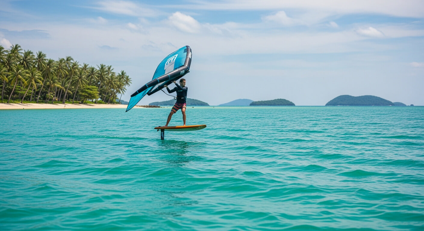 Person riding the sea waves on a wing foil
